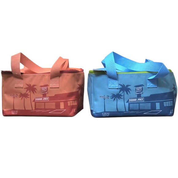 Trader Joe's 2 Pack Mini Insulated Bags Peach & Blue Foldable Lunch Travel NWT - Picture 1 of 3